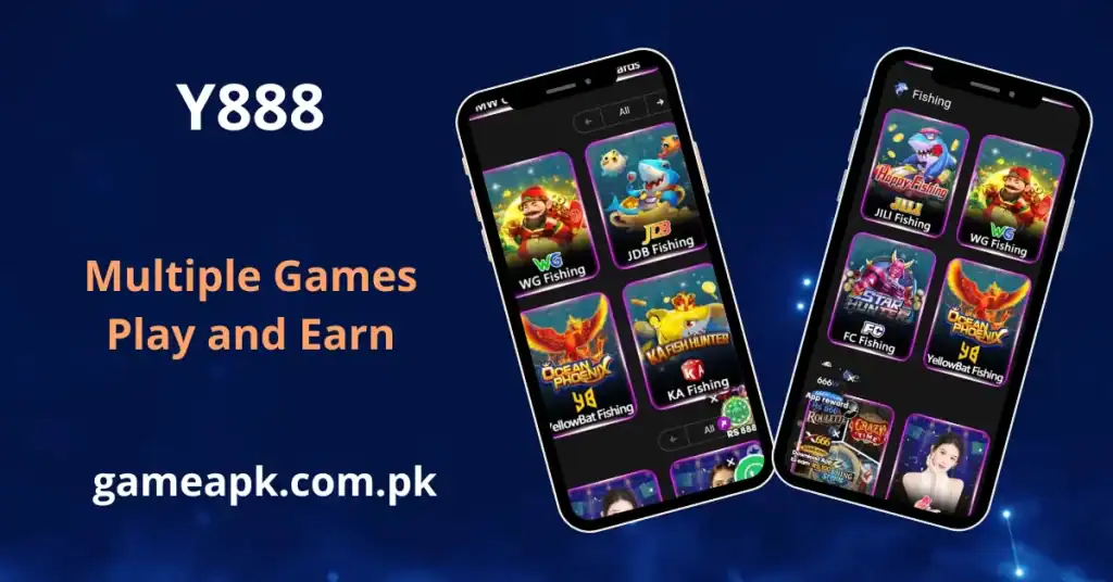Y888 multiple games lobby – fishing games including WG Fishing, JDB Fishing, Ocean Phoenix, JILI Fishing, KA Fishing, and YellowBat Fishing, play and earn at gameapk.com.pk