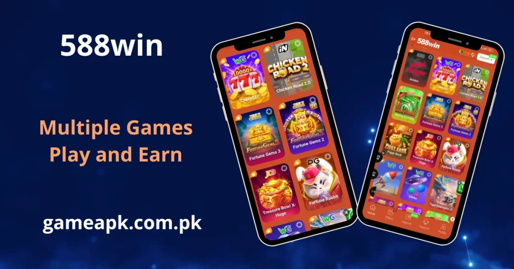 Visual highlighting the variety of games in 588 Win, showing two smartphones displaying icons for games such as Fortune Gems, Crazy 777, and Chicken Road 2.0.