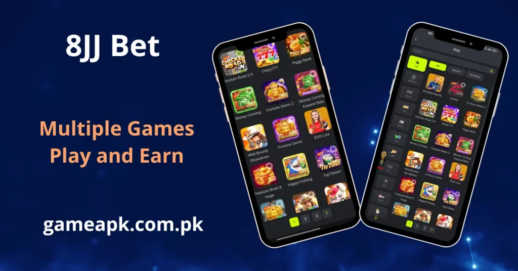 A visual advertisement for 8JJ Bet titled "Multiple Games Play and Earn". It features two smartphones displaying a large grid of colorful game tiles, including popular titles such as Chicken Road 2.0, Crazy777, Fortune Gems, and EVO Live.
