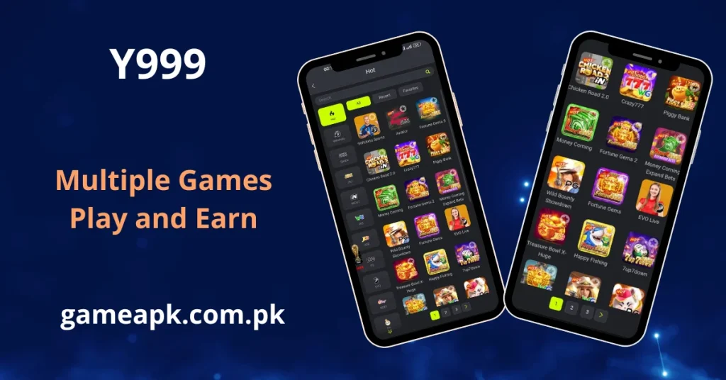 A promotional graphic for Y999 showing "Multiple Games Play and Earn". Two tilted smartphones display a comprehensive list of game icons, including "Money Coming," "Fortune Gems," and "Happy Fishing".