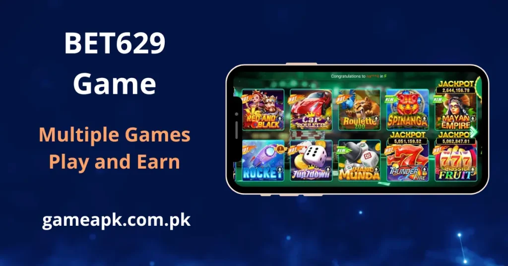 BET629 APK game interface showing multiple casino games like slots, roulette, and jackpot options