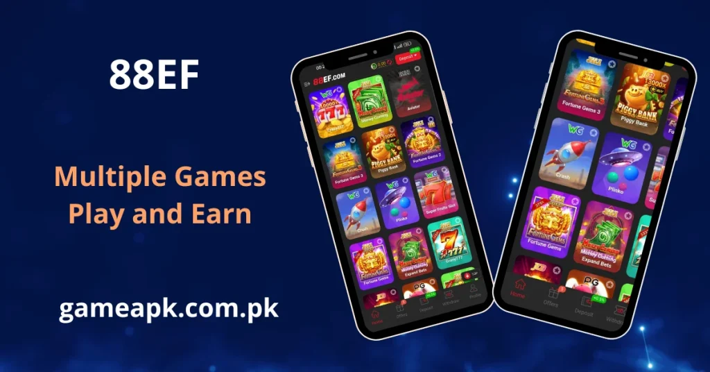 A visual titled "Multiple Games Play and Earn" for 88EF. Two smartphones are shown with grids of game tiles, featuring popular titles like "Crazy 777," "Piggy Bank," and "Plinko".