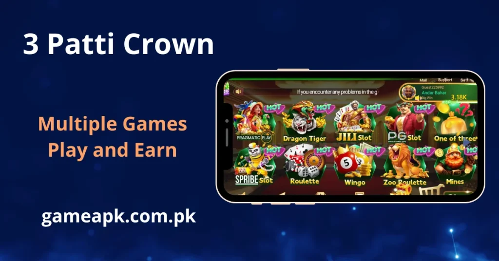 Mobile screen shot clearly shows in app games available in 3patti crown, like JILI Slot, PG Slot, Dragon Tiger and many more.