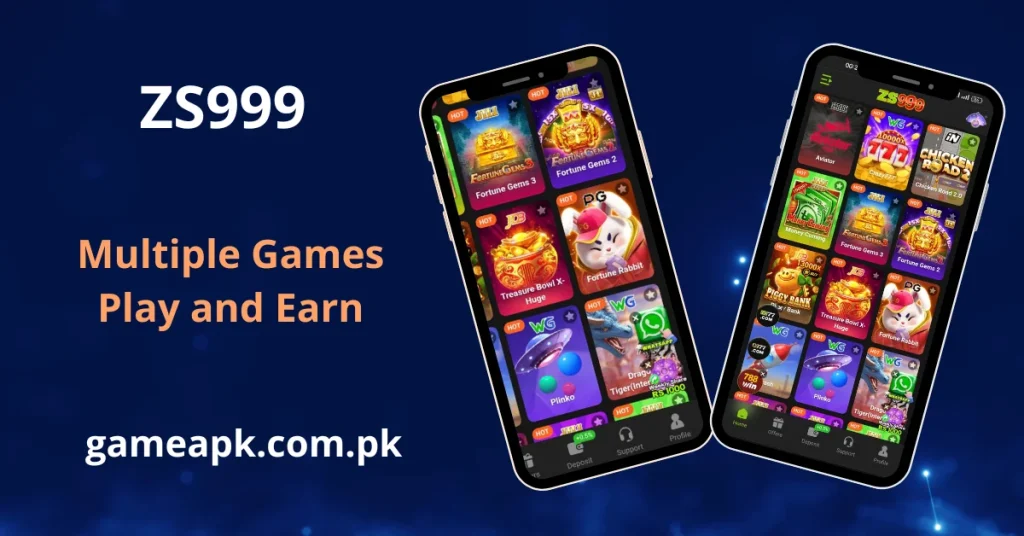 Image highlights that the platform ZS999 offers multiple games to "Play and Earn". Like: Crazy777, Aviator, Fortune Gems.