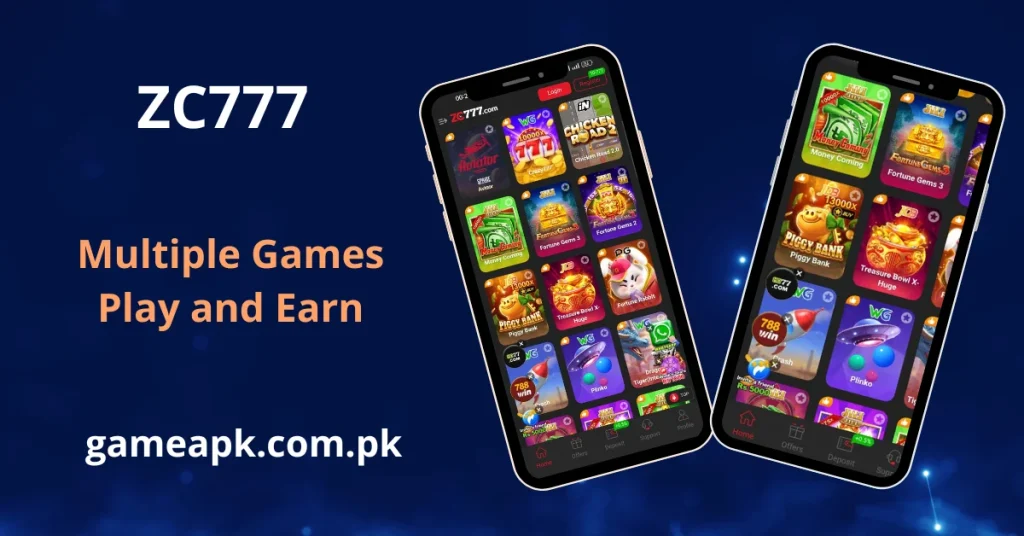 ZC777 games library on Android showing Aviator, Chicken Road, Fortune Gems, Piggy Bank and multiple slot games