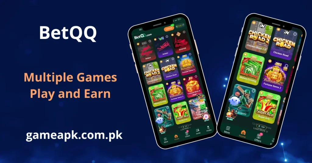 BetQQ games in app showing Aviator, Chicken Road, Fortune Gems, Money Coming and SuperAce slot games for Android