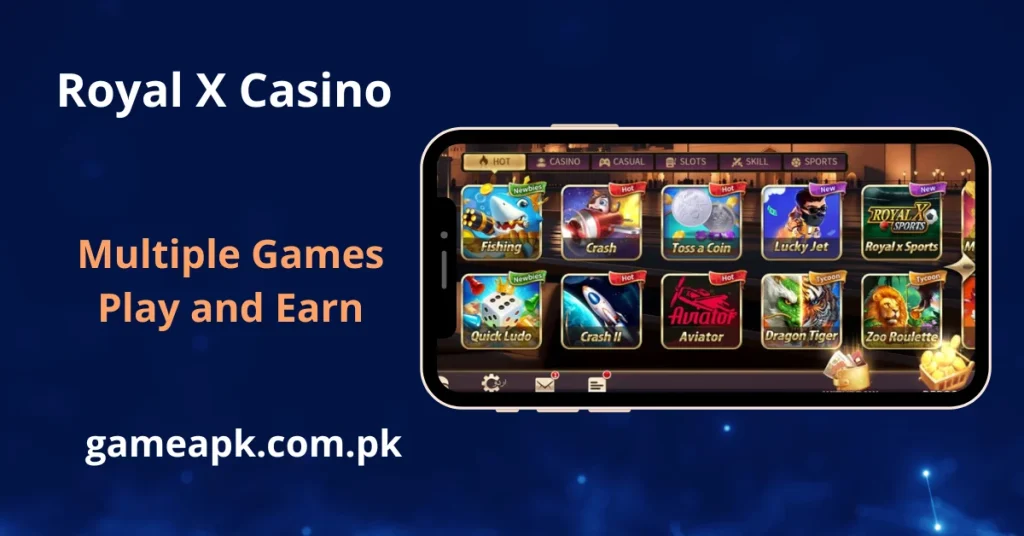 A visual showcase titled "Multiple Games Play and Earn" for Royal X Casino. A single smartphone screen displays a grid of game icons, including "Lucky Jet," "Dragon Tiger," and "Zoo Roulette".