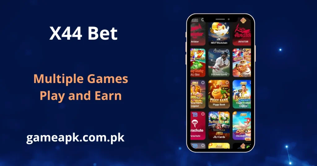 landscape promotional image for S9 Game featuring a mobile device screen filled with diverse game tiles like "Fruit Classic" and "Dragon Tiger." Large white and orange text reads "Multiple Games Play and Earn" alongside the website domain gameapk.com.pk.