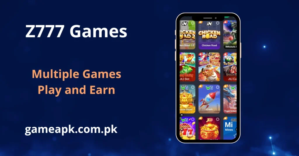 Image for Z777 Games featuring a smartphone screen filled with a grid of game thumbnails. Featured titles include Chicken Road 2.0, Fortune Gems, and 9Wickets, labeled with "Multiple Games Play and Earn."