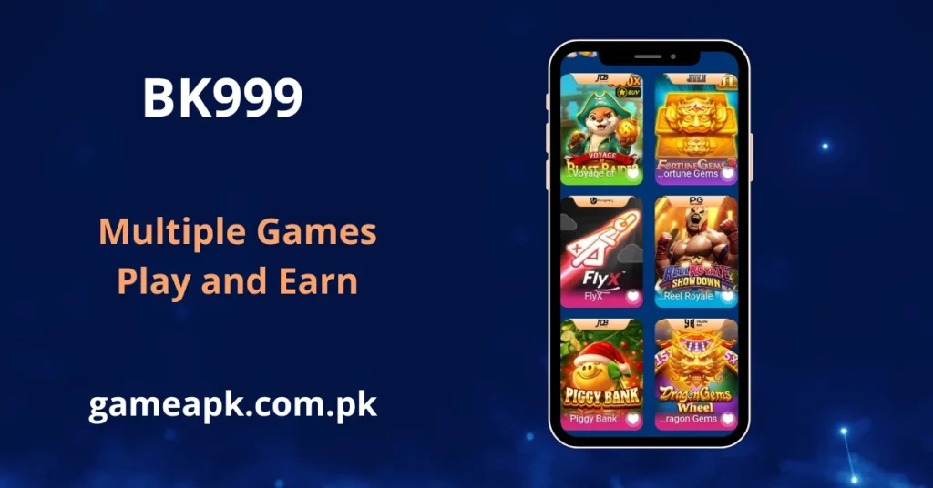 App store style banner for BK999 Games displaying a smartphone screen filled with various game tiles. Featured games include Fortune Gems, fly x, and High Flyer under the "Play and Earn" slogan.
