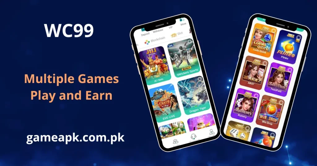 WC99 games lobby showing multiple categories including JILI Slots, 9Wickers Sports, EVO Live, Dragon Tiger, Ludo Quick, Plinko, AK47, Teen Patti, Rummy, and Win Drop