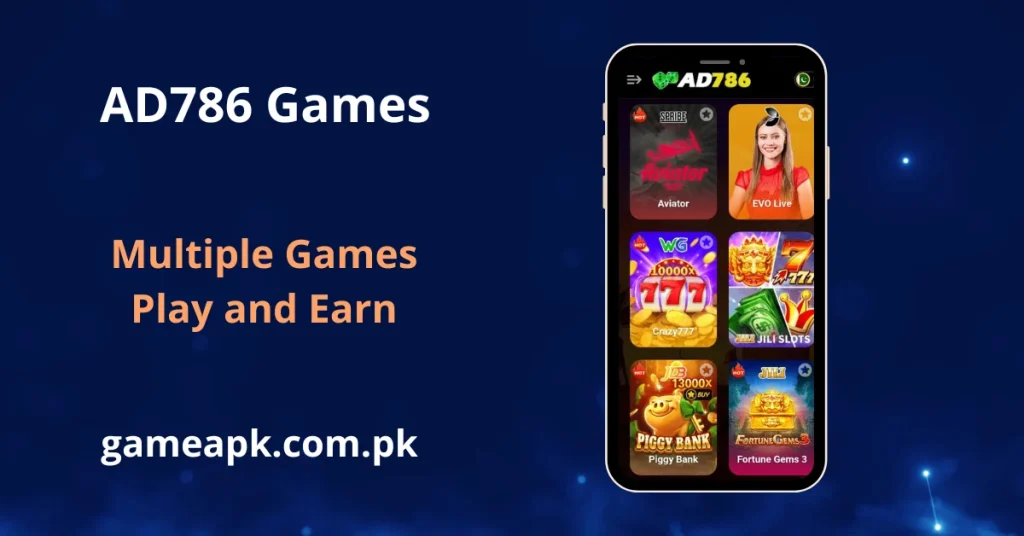 A smartphone screen displaying a grid layout of featured casino and betting games within the "AD 786" app, including Aviator, EVO Live, and Fortune Gems 3.