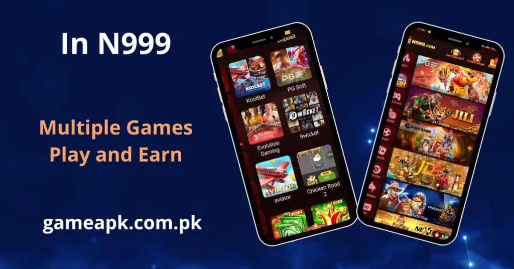 N999 games lobby on two phones displaying multiple providers including KoolBet, PG Soft, JILI Games, KingGame, JDB Gaming, Evolution Gaming, 9Wicket, Aviator, and Chicken Road 2