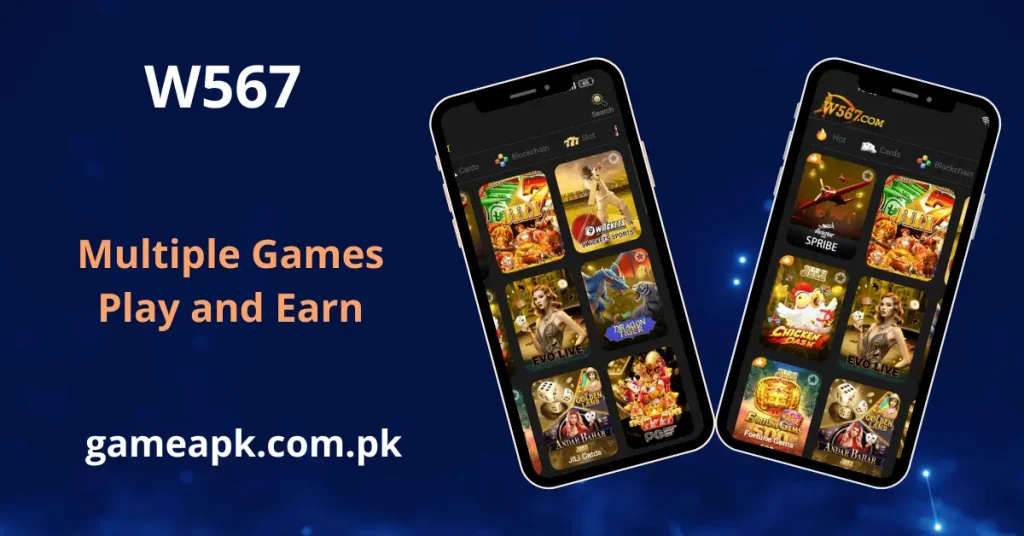W567 app games section showing multiple games including JILI, Chicken Dash, EVO Live, Dragon Tiger, and Andar Bahar to play and earn