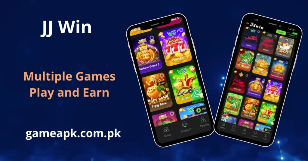 JJwin games library showing Super Ace, 777, Piggy Bank, Aviator, Andar Bahar, Cricket King, and Fortune Ox on Android – gameapk.com.pk