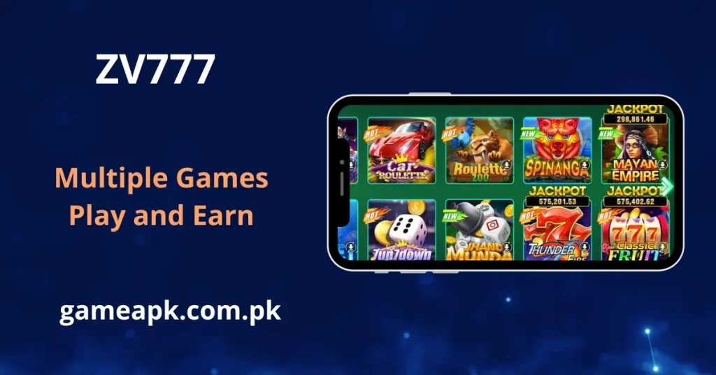 ZV777 games lobby showing multiple titles including Car Roulette, Roulette Zoo, Spinanga, Mayan Empire, 7up7down, Jhandi Munda, Thunder Fire, and Classic Fruit with jackpot displays