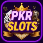 PKR Slots app logo with golden crown, playing cards, poker chips, and microphone on a purple background