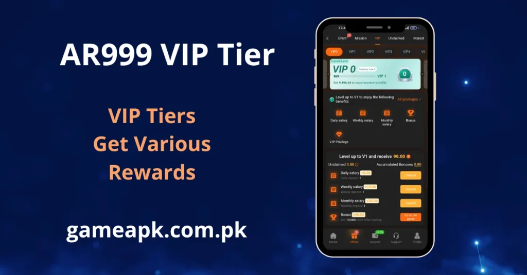 AR999 VIP Tier system displayed on a smartphone showing VIP levels from VIP0 to VIP4 with member benefits including daily salary, weekly salary, monthly salary, and bonus rewards — available at gameapk.com.pk