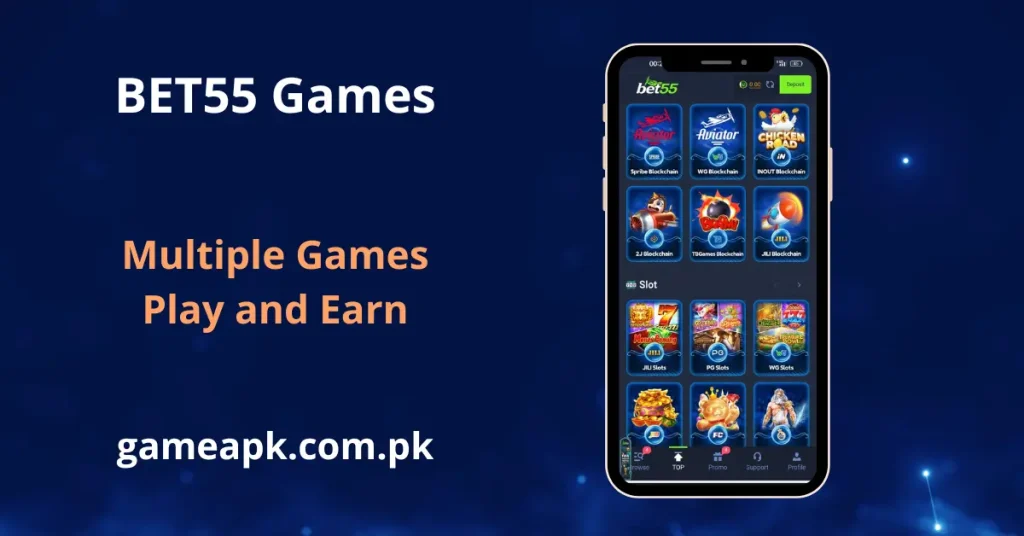 BET55 Game app displaying Blockchain games like Aviator and Chicken Road alongside slot categories from JILI, PG, and WG providers. Play multiple games and earn real cash rewards with BET55 on gameapk.com.pk.