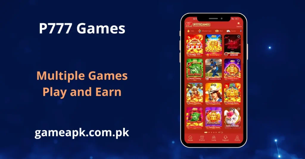 P777 Games app displaying multiple casino and slot games including Crazy 777, Aviator, and Fortune Gems. Play and earn real money through the P777 Games app on gameapk.com.pk.