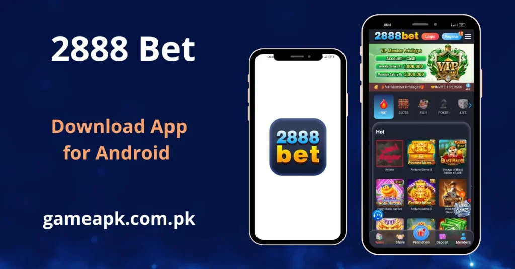 2888bet app interface showing the home screen with hot games, slots, fish, poker, and live categories.
2888bet APK Download for Android and explore Aviator, Fortune Gems, and Blast Raider games.