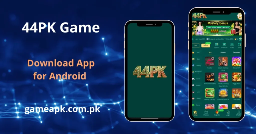 44PK Game APK download for Android showing the official app loading screen and games lobby with Mystery Bonus up to 8888, featuring Aviator, Spade Gaming Slots, Crazy777, Money Coming Expand Bets, Fortune Gems 3, and JILI Slots. Download 44PK Game app from gameapk.com.pk and get free 777 rewards on the 7th, 17th, and 27th in Pakistan.