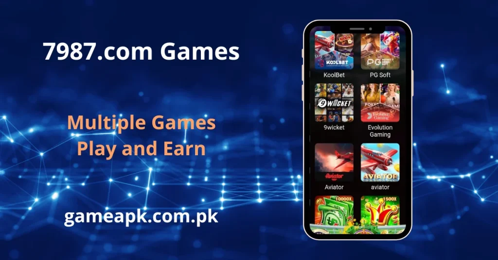 7987 games section featuring popular titles like KoolBet, PG Soft, 9Wicket, Evolution Gaming, Aviator, and high-multiplier slot games up to 10000x to play and earn real money. Explore multiple online casino and earning games on the 7987.com app available at gameapk.com.pk.