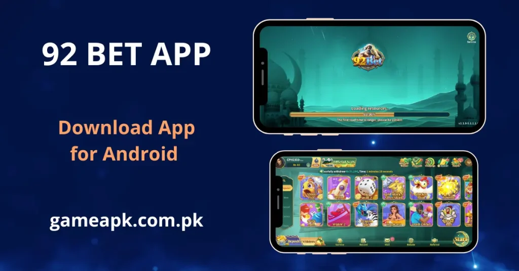 92Bet Apk Download Android app loading screen and game lobby featuring Crash, Aviator, Dragon Tiger, and Crash Cricket games. Download 92Bet APK for Android from gameapk.com.pk to play and earn money in Pakistan.