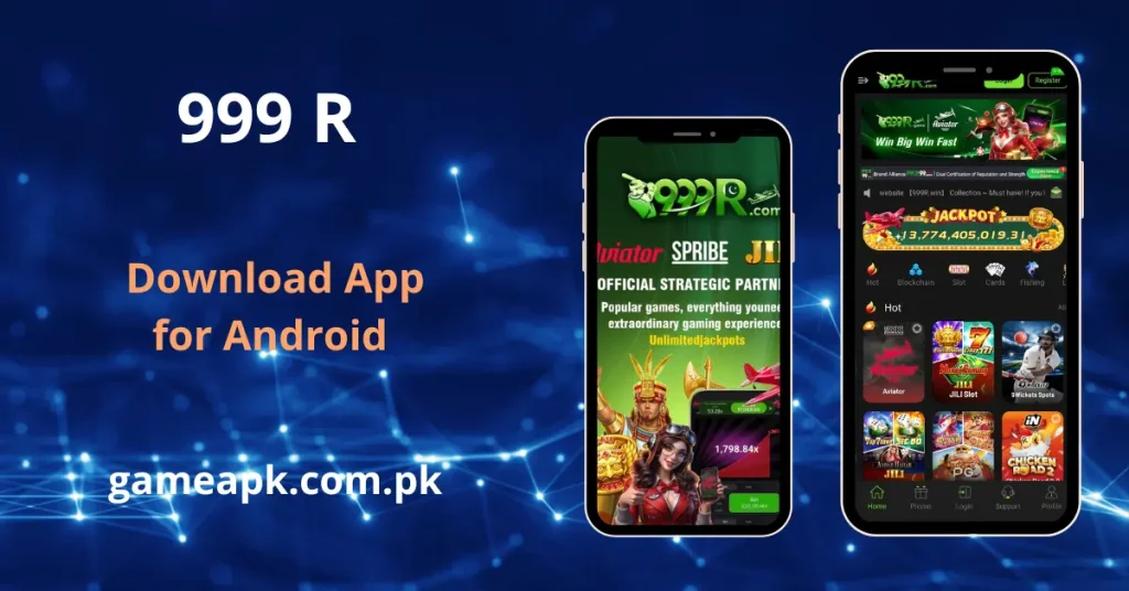 999R APK download for Android showing the official app interface with JILI slots, Aviator game, and live jackpot. Download 999R app from gameapk.com.pk for the best online gaming experience in Pakistan.