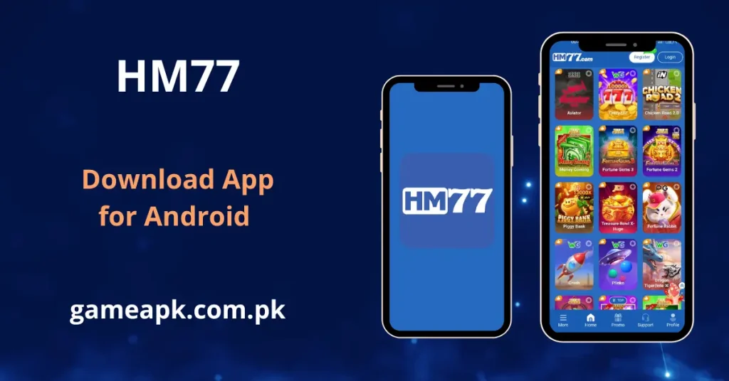 HM77 APK Download app interface showing the HM77.com splash screen and home lobby on Android with Hot games including Aviator, Crazy777, Chicken Road 2.0, Money Coming, Fortune Gems 3, Fortune Gems 2, Piggy Bank, Treasure Bowl X-Huge, Fortune Rabbit, Crash, Plinko, and Dragon Tiger International visible.