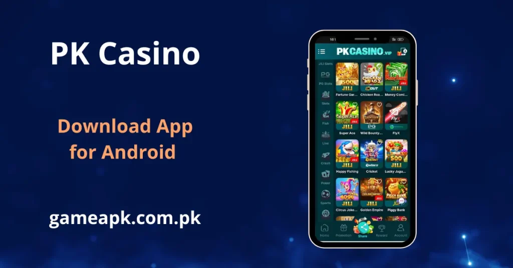 PKcasino APK Download screen showing the PKCASINO.VIP home interface on Android with JILI Slots, PG Slots, Fish, Live, Crash, Poker, and Sports game categories visible in the app sidebar.