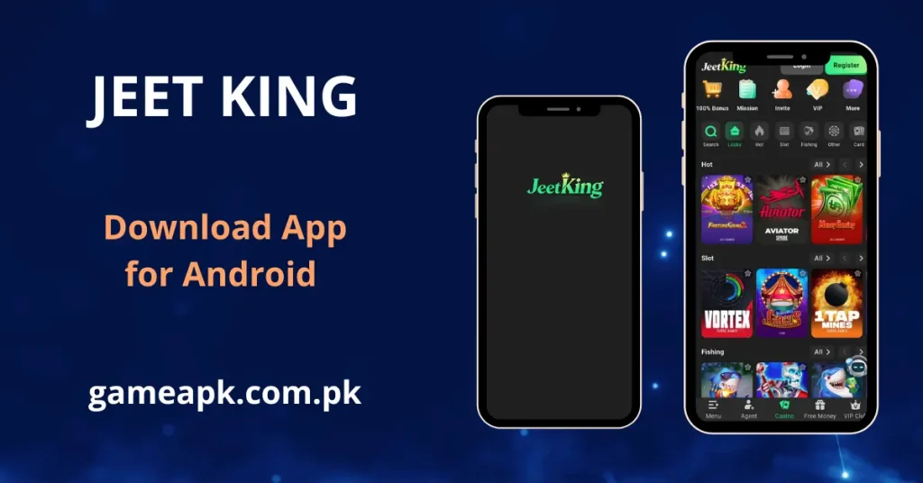 Jeet King APK Download - interface showing the app splash screen and game lobby with Fortune Gems, Aviator, Vortex, and Fishing game categories on Android.
Bottom navigation bar displays Agent, Casino, Free Money, and VIP Club tabs for Pakistani users on gameapk.com.pk.