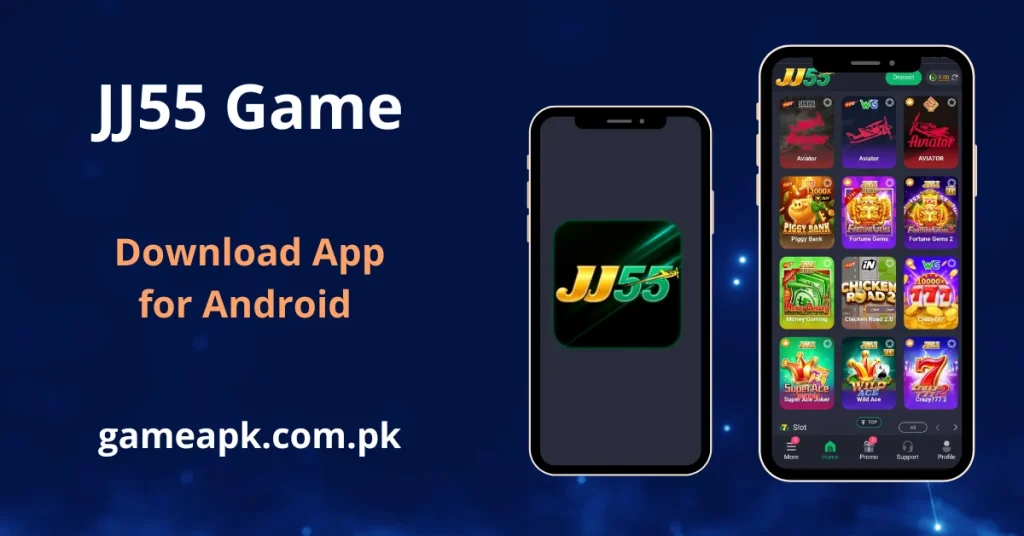 JJ55 APK Download - app interface displayed on Android smartphones showing home screen with Aviator, Piggy Bank, Fortune Gems, Fortune Gems 2, Money Coming, Chicken Road 2.0, SuperAce Joker, Wild Ace, and Crazy777 games. Download JJ55 APK for Android from gameapk.com.pk and enjoy hot slots and crash games today.