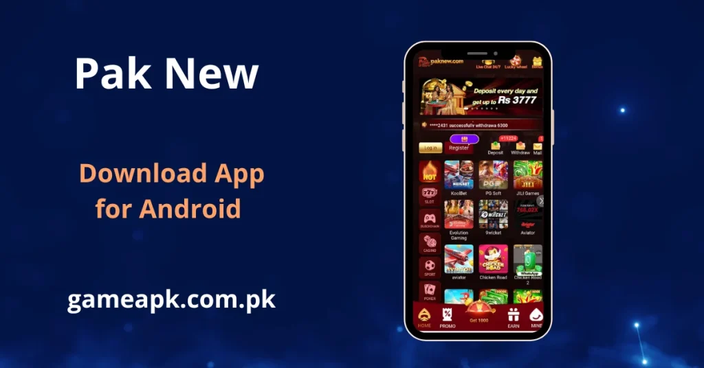 Pak New APK Download - app interface displayed on Android smartphone showing home screen with KoolBet, PG Soft, JILI Games, Aviator, and Chicken Road game categories with daily deposit bonus up to Rs3777. Download Pak New APK for Android from gameapk.com.pk and start playing online casino, slots, and sports betting games on paknew.com.