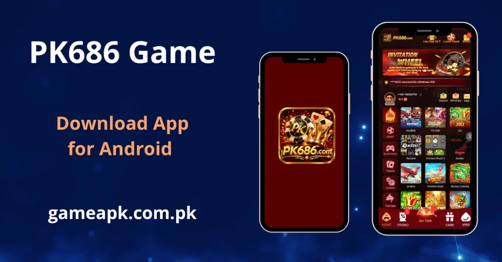 PK686 APK Download -  app interface displayed on Android smartphones showing home screen with KoolBet, PG Soft, JILI, 9Wicket, Aviator, Chicken Dash, and Money Coming games with Invitation Wheel bonus. Download PK686.com APK for Android from gameapk.com.pk and enjoy hot slots, sports, blockchain, poker, casino, and fishing games today.
