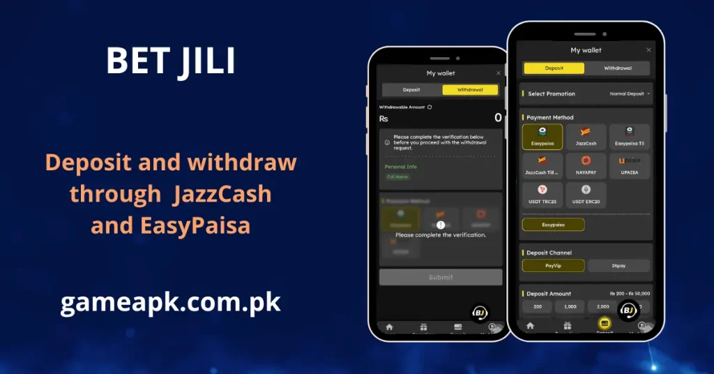 BetJili wallet showing deposit methods including EasyPaisa, JazzCash, NAYAPAY, UPaisa, and USDT for Pakistan users. Deposit range Rs 200 to Rs 50,000 on BetJili app with instant withdrawal support via gameapk.com.pk.