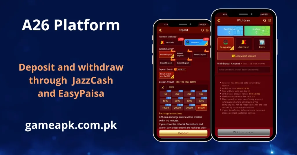 A26 platform deposit and withdrawal screen showing JazzCash and EasyPaisa payment methods with instant deposit options and withdrawal range of Rs103 to Rs50,000. Easily deposit and withdraw funds on A26.com using JazzCash, EasyPaisa, or Bank Transfer for Pakistani users at gameapk.com.pk.