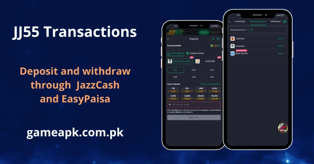 J55 Transactions deposit screen showing EasyPaisa and JazzCash hot payment methods with online deposit and cryptocurrency options, deposit amounts from Rs150 to Rs50,000 and 30% first deposit bonus. Easily deposit and withdraw funds on JJ55 app using JazzCash, EasyPaisa, Bank Transfer, or Cryptocurrency for Pakistani users at gameapk.com.pk.Image 3 (Games in App):
JJ55 Games app screen showcasing multiple online earning games including Aviator, Piggy Bank, Fortune Gems, Money Coming, Chicken Road 2.0, SuperAce, and Wild Ace on Android smartphones. Play and earn real money on JJ55 app with a wide variety of JILI and IN hot casino and slot games available for Pakistani users at gameapk.com.pk.