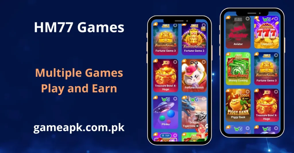 HM77 games library on Android displaying JILI and WG titles including Fortune Gems 3, Fortune Gems 2, Treasure Bowl X-Huge, Fortune Rabbit, Plinko, Dragon Tiger International, Aviator, Crazy777, Money Coming, and Piggy Bank across two screens.