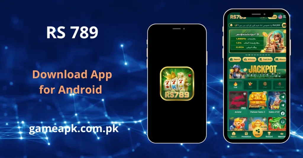 RS789 Game APK Download available for Android users looking for premium online casino gaming.
RS789 mobile interface displaying slots, live games, and promotions from gameapk.com.pk.