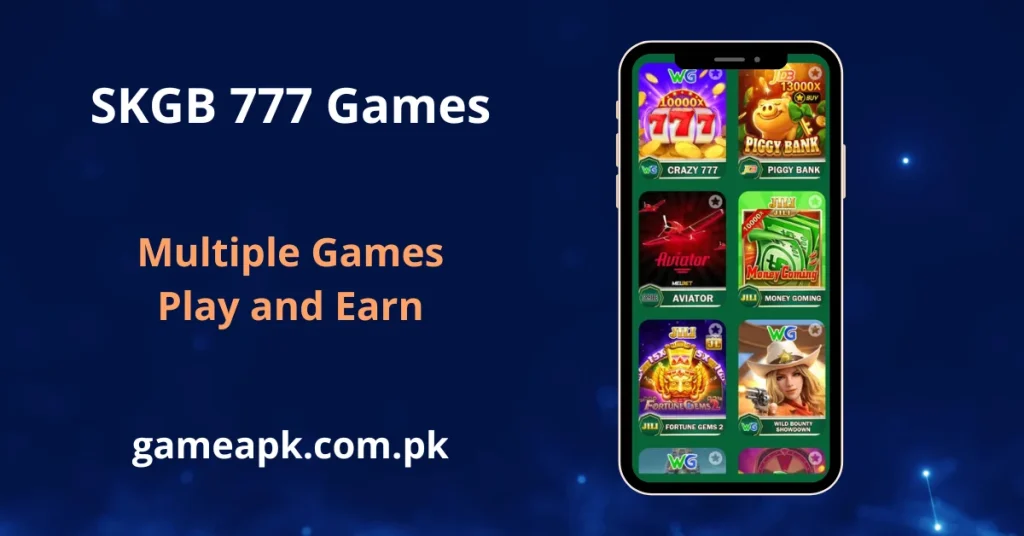 SKGB 777 Games app screen showcasing multiple online earning games including Crazy 777, Piggy Bank, Aviator, Money Coming, Fortune Gems 2, and Wild Bounty Showdown on Android. Play and earn real money on SKGB777 app with a wide variety of WG, JILI, and PG casino slot games available at gameapk.com.pk.