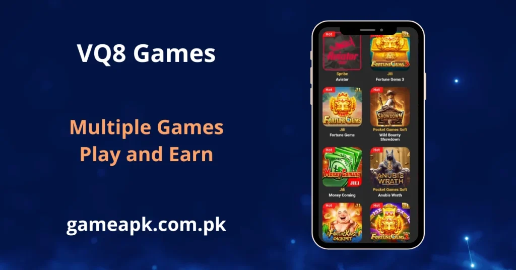 VQ8 Games app screen showcasing multiple hot online earning games including Aviator, Fortune Gems 3, Fortune Gems, Wild Bounty Showdown, Money Coming, Anubis Wrath, Fortune King Jackpot, and Fortune Gems 2 on Android. Play and earn real money on VQ8 app with a wide variety of JILI, SPRIBE, and Pocket Games Soft titles at gameapk.com.pk.