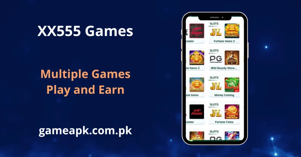 XX555 Games app screen showcasing multiple online earning slot games including Aviator, Fortune Gems 3, Fortune Gems 2, Wild Bounty Showdown, Fortune Gems, Money Coming, and Fortune Coins on Android. Play and earn real money on XX555 app with a wide variety of JILI and PG slot games available for Pakistani users at gameapk.com.pk.