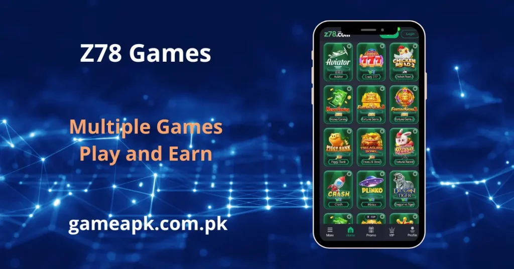 Play and earn with multiple trending games like Aviator, Crash, and Plinko in the Z78 app.
Z78 online casino games lobby and mobile betting options presented by gameapk.com.pk.