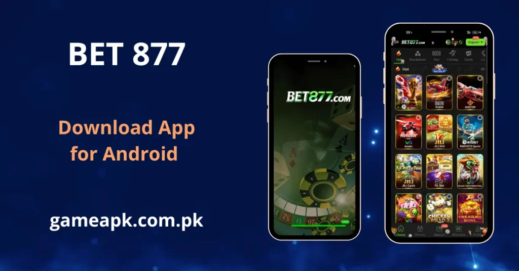 BET877 APK Download - app deposit screen showing JazzCash and EasyPaisa as payment methods with deposit amounts ranging from Rs.100 to Rs.200,000, alongside the withdrawal screen with bank transfer and e-wallet account linking options.