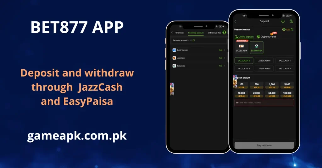 BET877 APK Download app interface showing the BET877.com splash screen and the home lobby on Android with Hot games including Aviator, JILI Slot, 9Wickets Sports, PG Slot, Dragon Tiger, and Chicken Road visible.