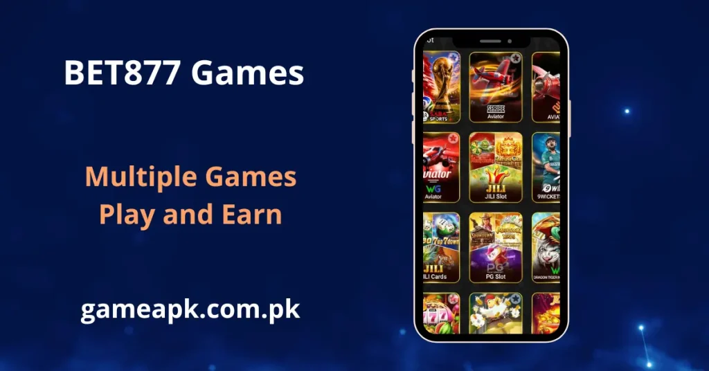BET877 games library on Android displaying multiple titles including Aviator, JILI Cards, JILI Slot, 9Wickets Sports, PG Slot, Dragon Tiger International, and sports betting options across Hot, Blockchain, Slot, Fishing, and Cards categories.