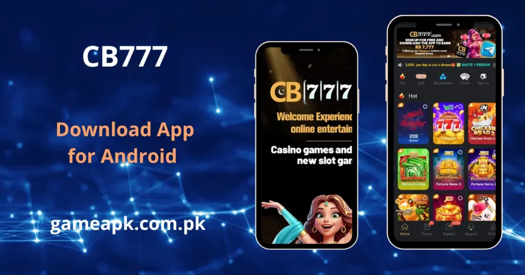 CB777 app interface screenshot showing the home screen with slot, casino, and sports game categories.
Get CB777 APK Download for Android to access slots, cards, and live casino games in Pakistan.