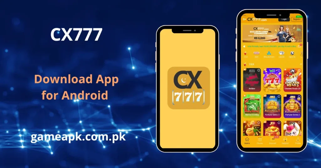 CX777 app interface showing the home screen with hot games, slots, and sports betting categories.
Get CX777 APK Download for Android and explore Aviator, Crazy777, and Fortune Gems games.