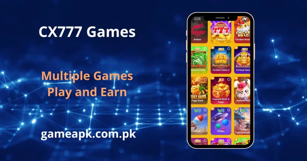 CX777 games library featuring Aviator, Crazy777, Chicken Road 2.0, Fortune Gems, and Plinko.
Play multiple slot and crash games on the CX777 app and explore in-app earning options.